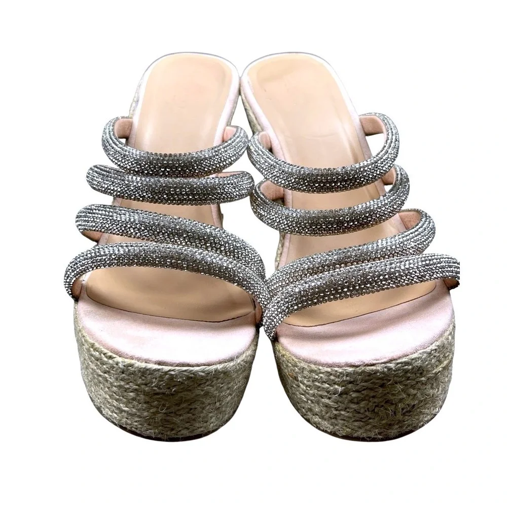Truffle Collection Women Pink Rhinestone‎ Espadrille Wedge Sandals Size 9